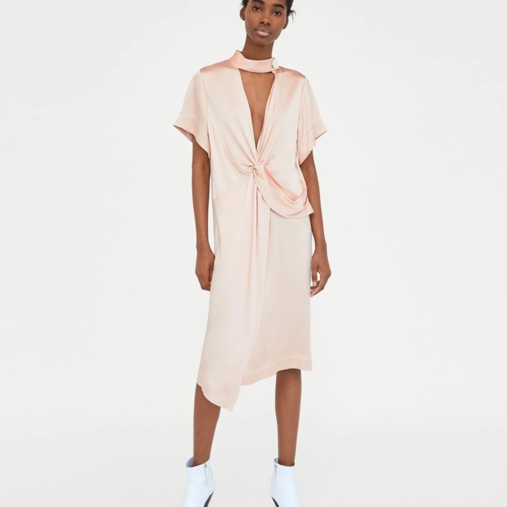 Zara Nude Knotted Satin Midi Dress Size Small